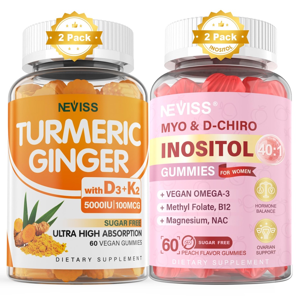 Brez sladkorja 2Pack Kurkule ingver Gumies & 2Pack Myo-Inositol & D-Chiro Inositol Gumies