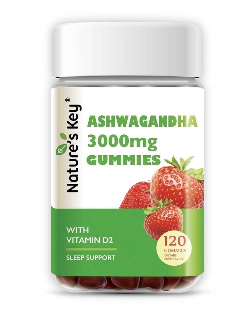 Ključ narave Ashwagandha Gummies, Izvleček korenine Ashwagandha z vitaminom D2, za moške in ženske, stres, miren Mood & Kognition, Jagodna aroma (120 Število (Pack od 1)