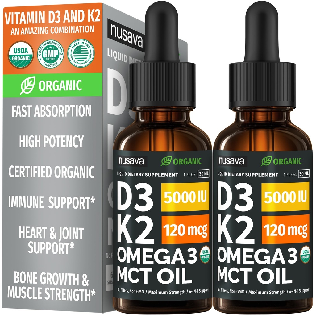 (2 pakiranji) Organski vitamin D3 K2 Kapljice z MCT oljem Omega 3, 5000 i.e. – tekoči D3, brez polnil, ne-GMO, Imunska podpora (nearomatizirana, 2 Fl Oz)