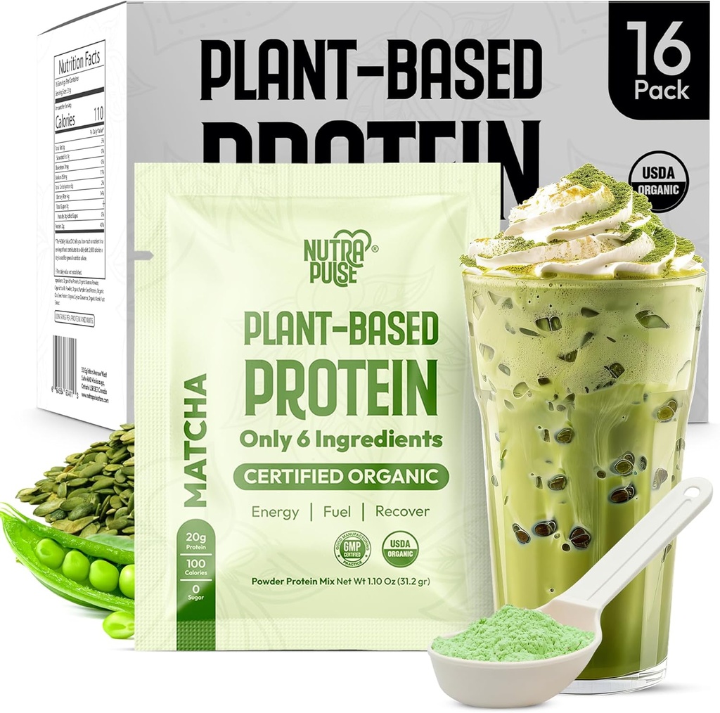 Matcha Vegan Protein Powder Pack – 20g Ekološka rastlinsko-bazna beljakovina – Ne-GMO, Gluten-free, Soy-Free – Smoothie & Shake Ready – Easy to Digest – 16 Samskih servingov – poskusite vse 16!