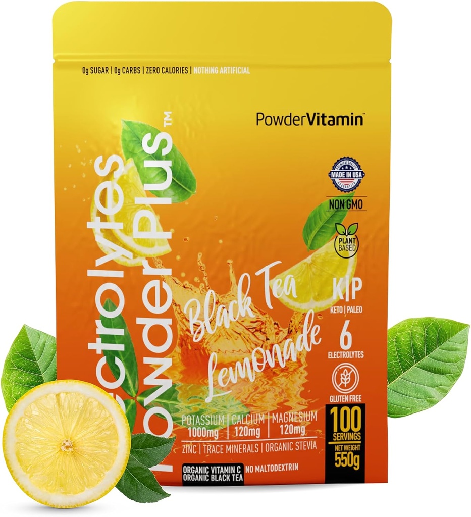 PrašekVitamin elektrolitski prašek Plus (100 serverjev) črni čaj limonada elektrolitski prašek zero Calorie Keto,0 sladkor, brez maltodekstrina,1000mg kalij,120mg kalcij,120mg magnezij, hidracija prašek