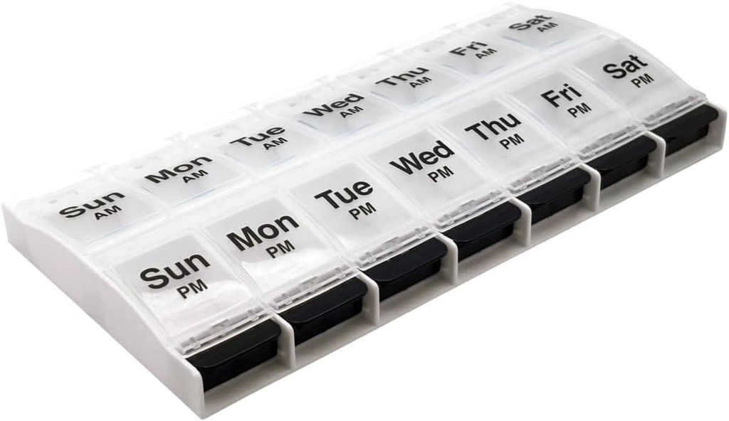 EZY DOZE Push Button (7-Day) Pill Case, Medicine Planner, Vitamin Organizator, 2 krat na dan, AM/PM Container, X-Veliki oddelki, Artritis prijazno, Enostavno za uporabo, Jasno Lids, Jasno/črno, BPA brezplačno