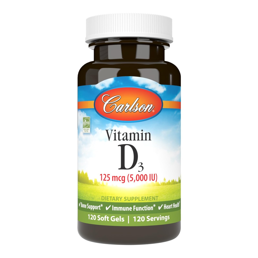 Carlson - vitamin D3 5000 i.e. (125 μg), zdravje kosti, zdravje mišic, holekalciferol, dodatki vitamina D, vitamin D3 mehki geli, 120 mehkih gelov