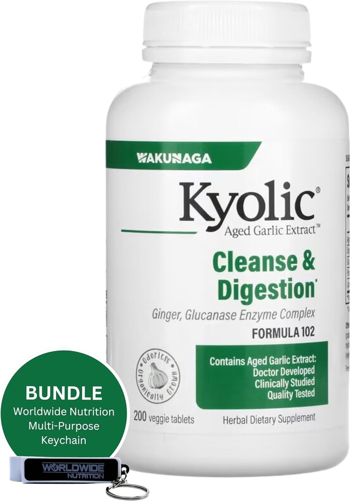 Worldwide Nutrition Bundle: Kyolic Aged Česen Extract 200 Veggie Tablets Formula 102 Cleanse & Digestion - Obogatena z česen Ginger dodatek - 200 Counts z multi-Purpose Key Chain