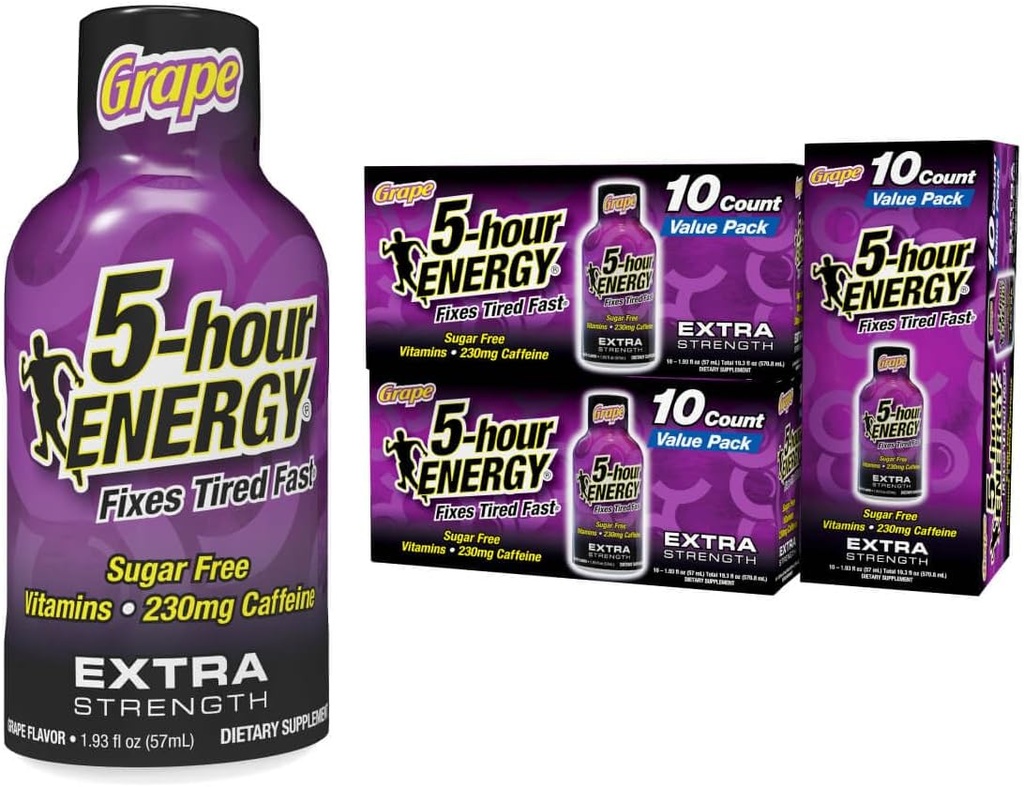 5-urna ENERGY Extra Energy Energy Shot, grozdne arome, 30 Count, 1,93 oz., Zero Calories & Sugar-free 230 mg Caffeinated Energy Shot, Aminokisline in vitamini B, prehranska dopolnila