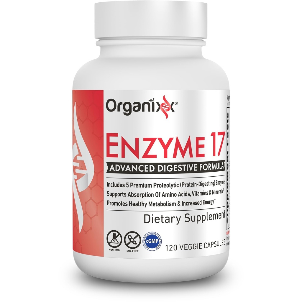 Organixx Enzyme 17 Essential Digestive Encimi za ženske in moške, za zdravje in optimalno prebavno zdravje, podpora za napihnjenost, plin, Absorpcijo hranil in immuniteto, vegan, ne gensko spremenjeni organizmi, 80 Veggie kapsule