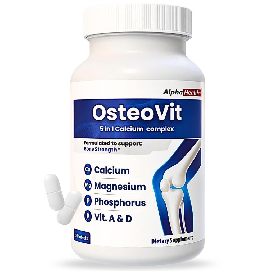 OsteoVit 5-v-1 kalcij 120 tablet multivitaminski: kalcij, magnezij, fosfor, vitamin D3 & A - moč in prilagodljivost kosti*, brez glutena GMO 