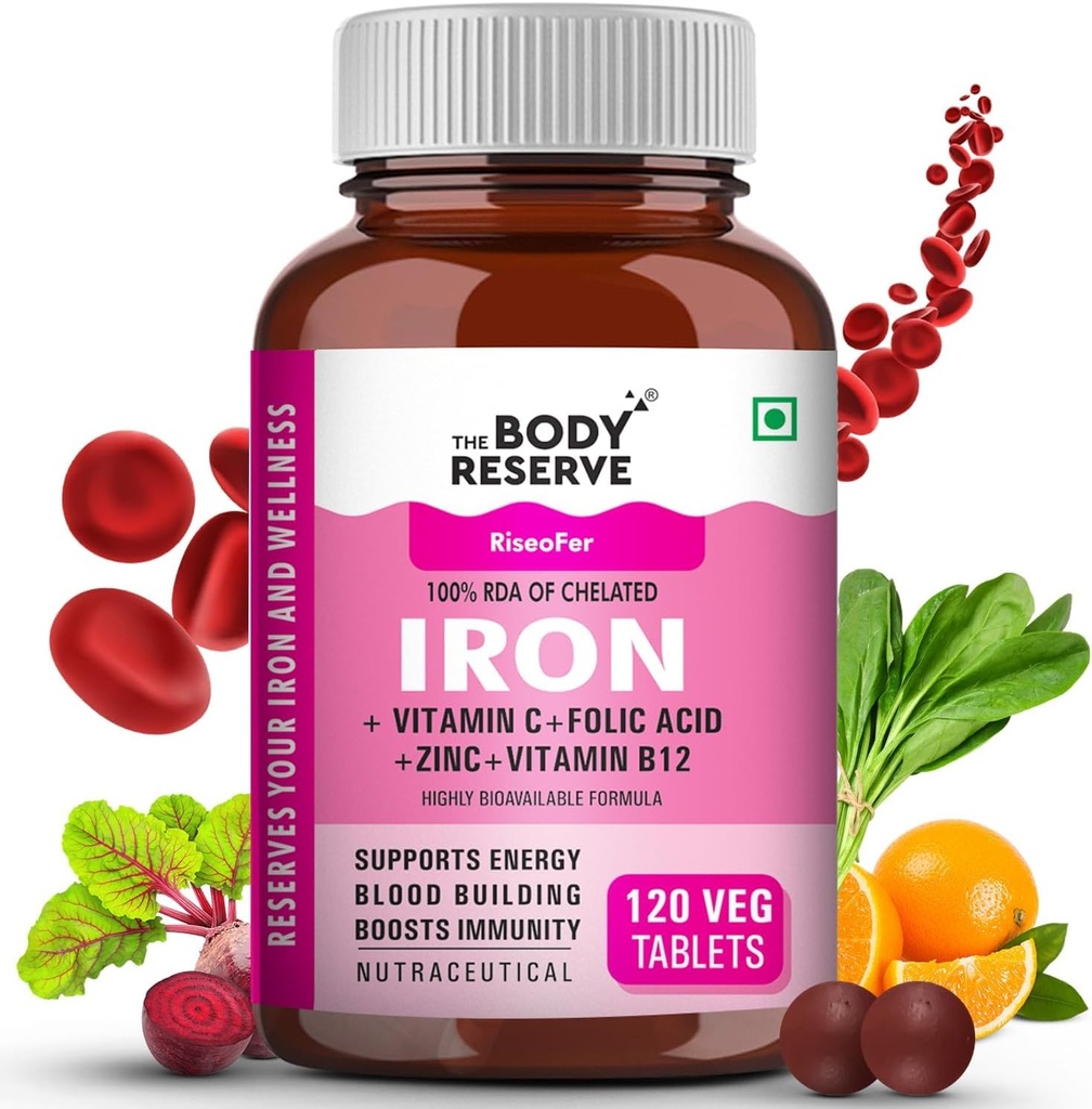 Železo Plus za ženske (rastlinsko, kelirano železo, folna kislina, VIT C, B12, B9, Spinach, izvleček sladkorne pese) - visoka absorpcija, podpira izgradnjo krvi, energijo in imuniteto, 100% RDA, 120 Tablet