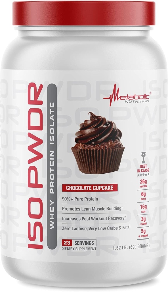 Metabolic Nutrition Whey Protein Isolate ISO PWDR Chocolate Cupcake, 1.54lb, 23 Serving, 26g proteini, hitro prebavljanje, nič ogljikovih hidratov, okusno aromo, zelo malo ogljikovih hidratov in maščob, nič laktoze