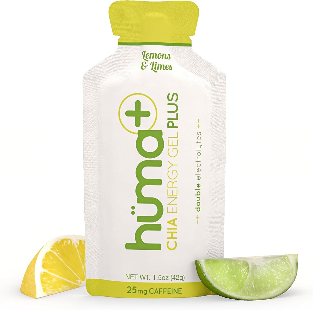 Huma Plus (Dvojni elektroliti) - Chia Energy Gel, Lemon Lime, 24 Gels, 25mg Kofein - Trebušni, Real Food Energy Gels