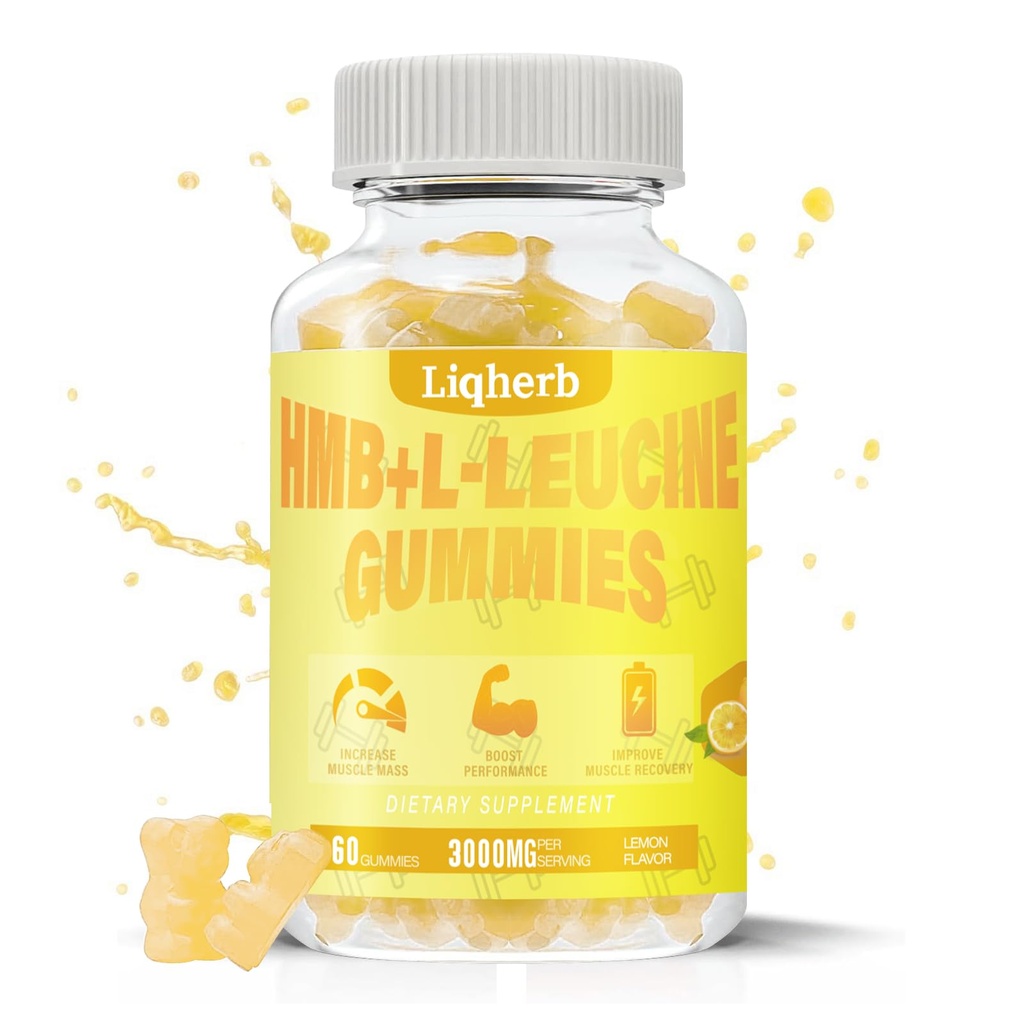 HMB in Leucine Gummies, z 3000 mg HMB in L-levcin dopolnilo za obnovo mišic, mišične mase in izboljšanje vzdržljivosti, za moške in ženske, ne GSO, Vegan, Gluten brezplačno, limonina aroma, 120 Gummies