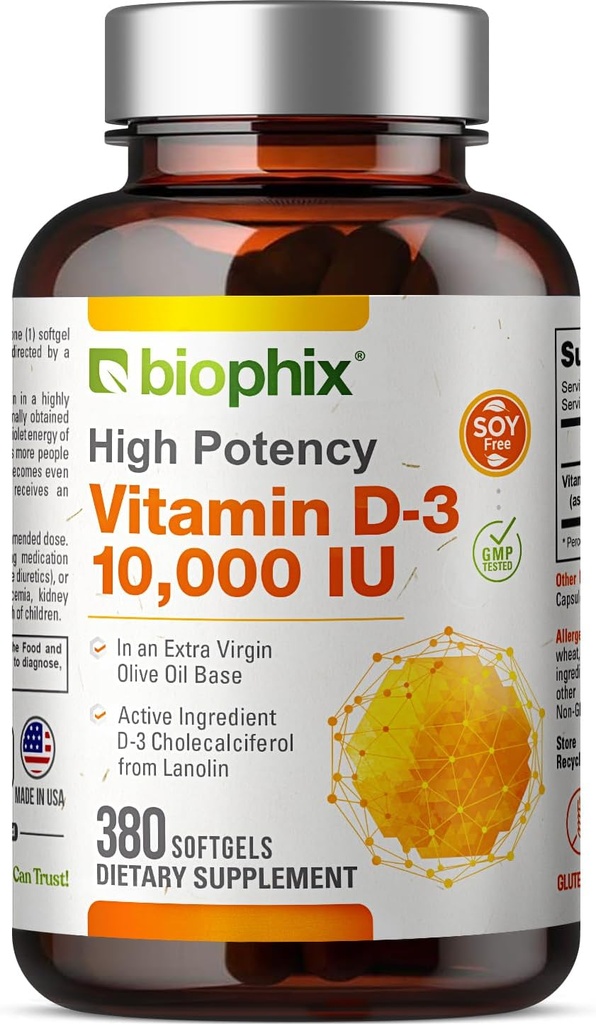 biophix vitamin D-3 10000 i.e. 380 softgels - visoka stopnja tveganja pri ekstra deviškem oljčnem olju Non-GMO soy-free podpira imuno zdravje močnih kosti
