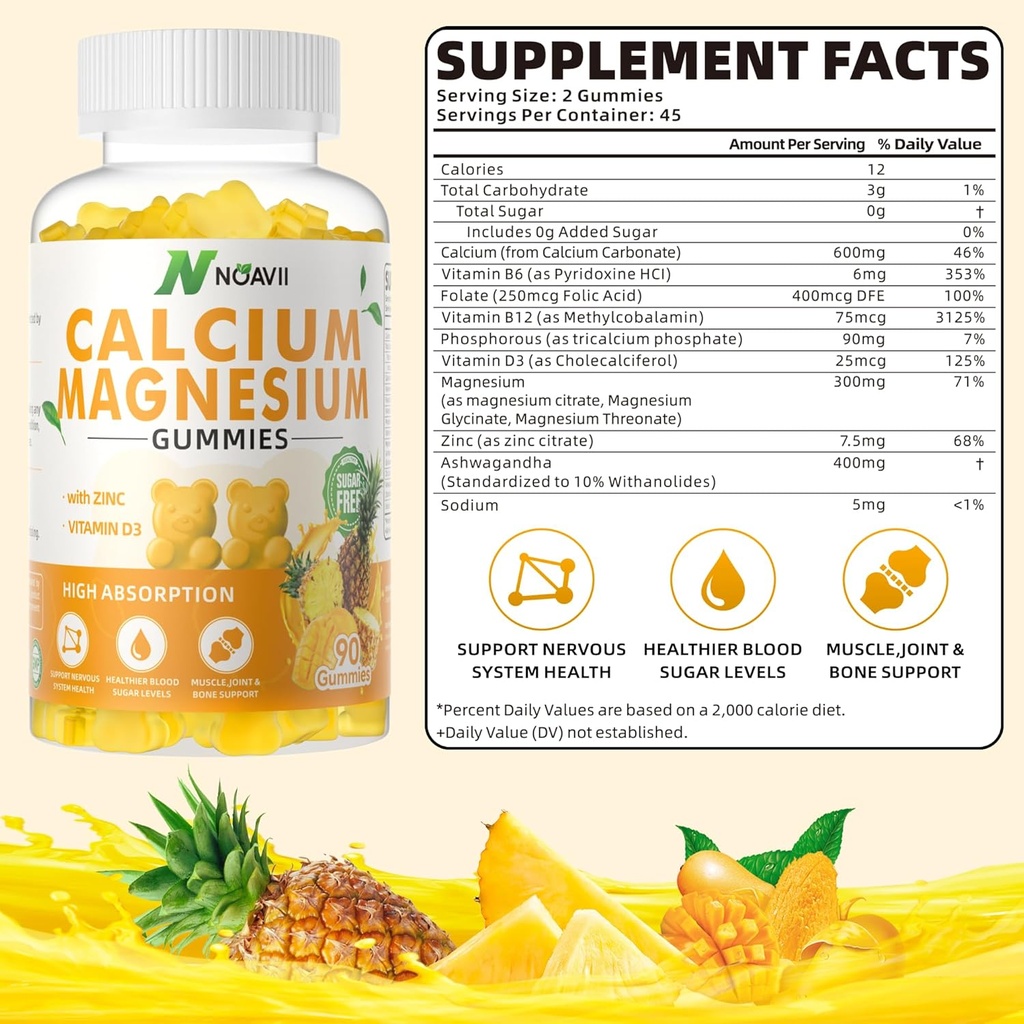 Kalcij Magnezijev cink Gumiji z vitaminom D3, ashwagandha dodatek - Visoka moč izboljšana absorpcija - Ananasov arome-90