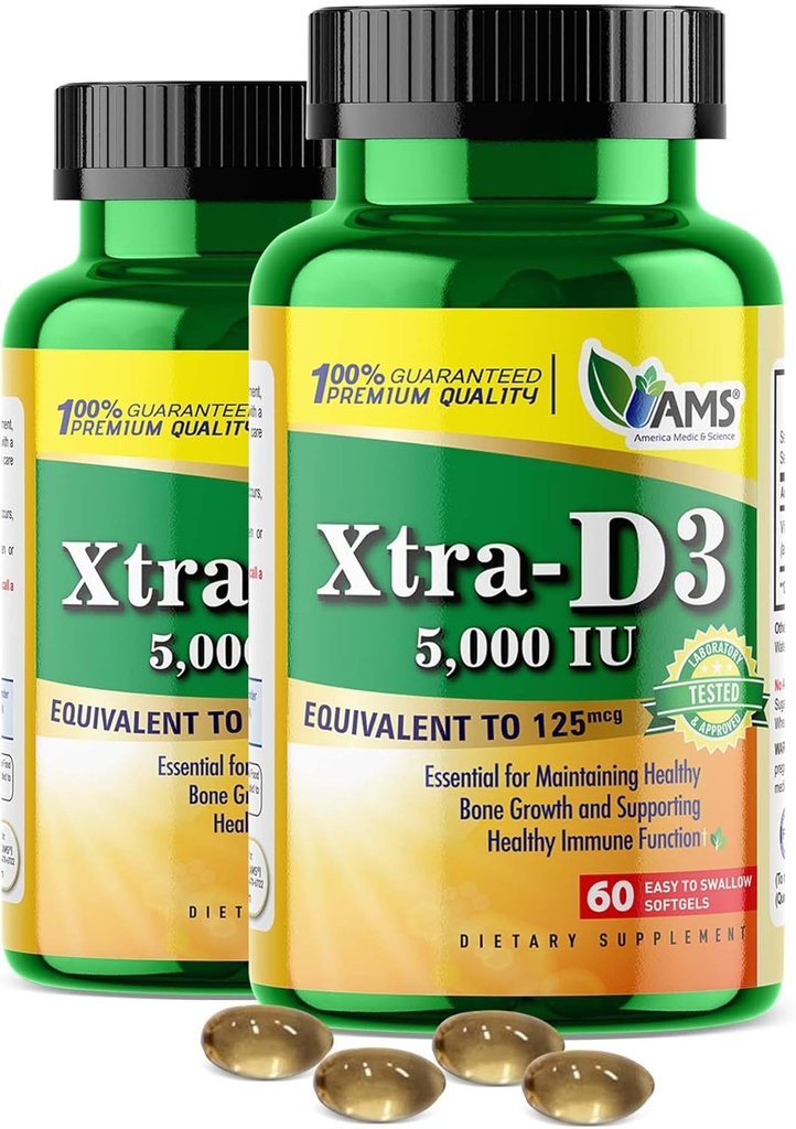 Amerika Medical & Science Xtra D3 Vitamin D 5.000 i.e. (125 μg)holekalciferol dodatek za moške in ženske(120Easy to Pogoltniti softgels) 2pack
