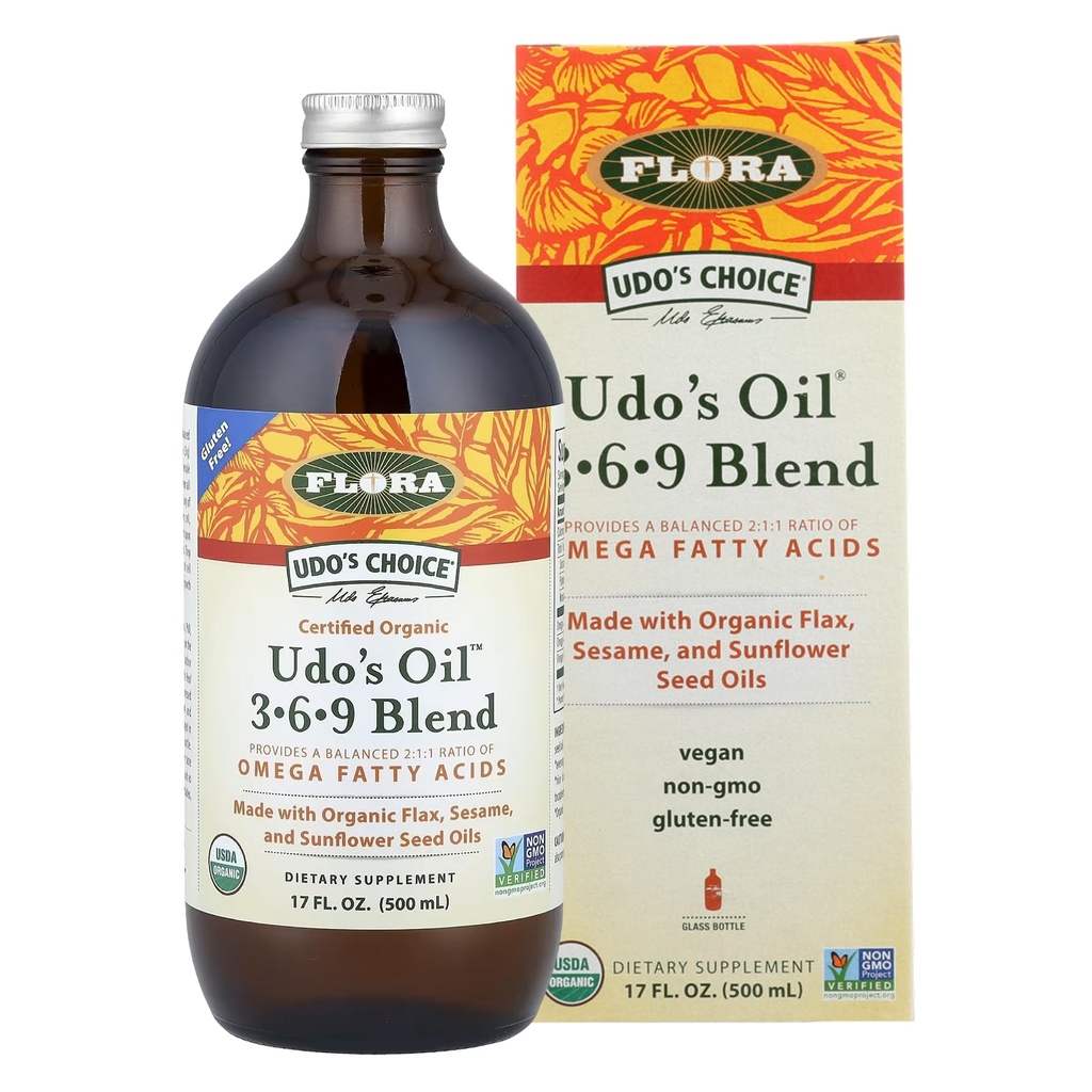 Olje Flore Udo 3-6-9 Mešanica - Vegan Omega-3 & Omega-6 Oil - Vsebuje organsko kokosovo olje, laneno olje & več - Hranite ohlajeno - 17 fl. oz.