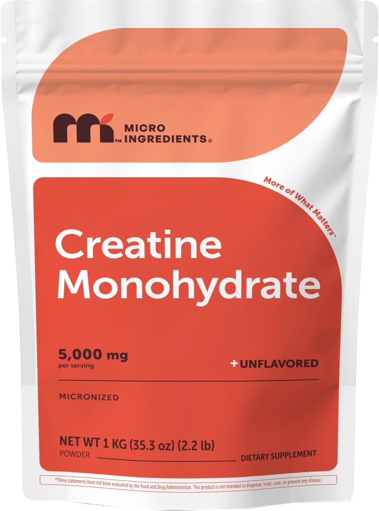 Mikro sestavine Kreatin monohidrat v prahu 1 kg (2,2 Lbs), 5000 mg na servo, mikroniziran kreatin v prahu, brez arome, brez polnila, Keto & Vegan, enostavno raztapljanje, pred vadbo za ženske in moške
