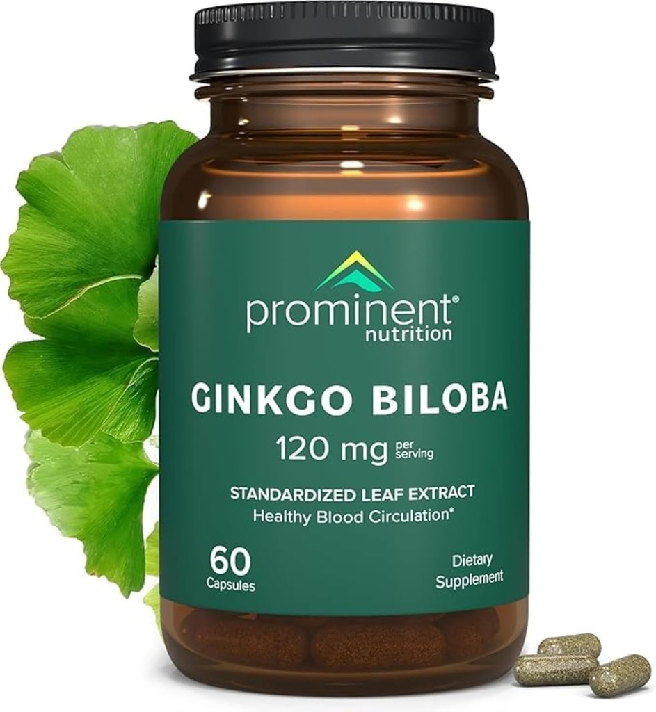 Prominent Nutrition Ginkgo Biloba 120mg - Ginkgo Biloba Leaf Extract, Zeliščni dodatki za podporo pomnilnika in fokus- Vegan, Non-GMO, Gluten-free, Soy-free, 60 Day Supply - 1 Pack