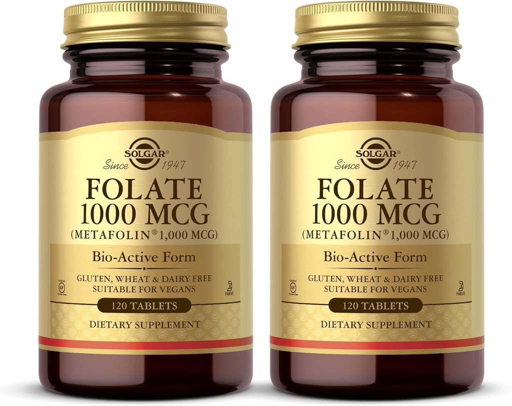 Solgar Folat 1000 mcg - 120 tablet, 2 pakiranji - 1000 mcg Bioactive Metafolin - Vegan, brez glutena, brez mleka, Košir - 240 skupaj