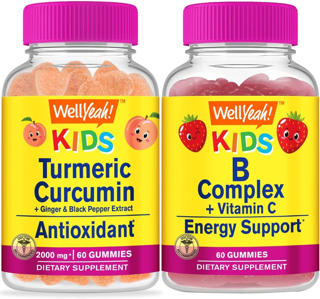 WellYeahe Kurkumin Otroci + B kompleksni otroci, Gummies Bundle - odličen okus, vitaminski dodatek, Gluten brezplačno, GSO brezplačno, žvečljivi gumi