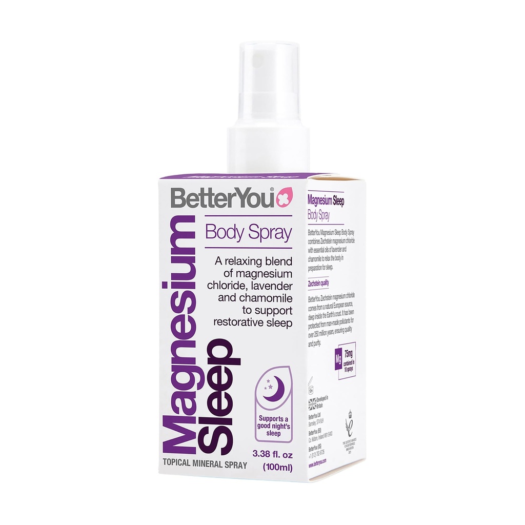 BetterYou Magnezium Sleep Body Spray - Sprostitev Topical Magnezij in eterično olje Spray - Sivka in kamilica - Spodbuja boljši spanec - 3,38 oz