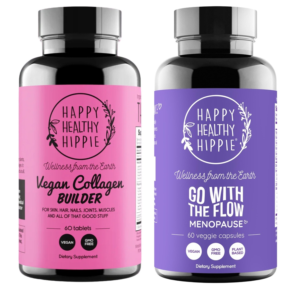 Happy Healthy Hipie Pojdi z Flow Menopause podporo & Vegan Collagen Builder Colagen tablete