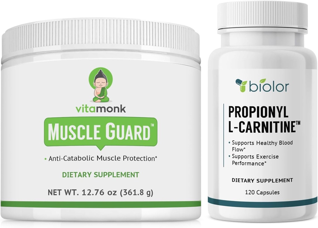 VitaMonk Muscle Guard & Biovy Propionil-L-karnitin s HMB, EAA, vitamin D, in magnezij, podpira mišično rast, moč, vzdržljivost, cirkulatorno zdravje, Jitter-free energetika, in vadbeno okrevanje