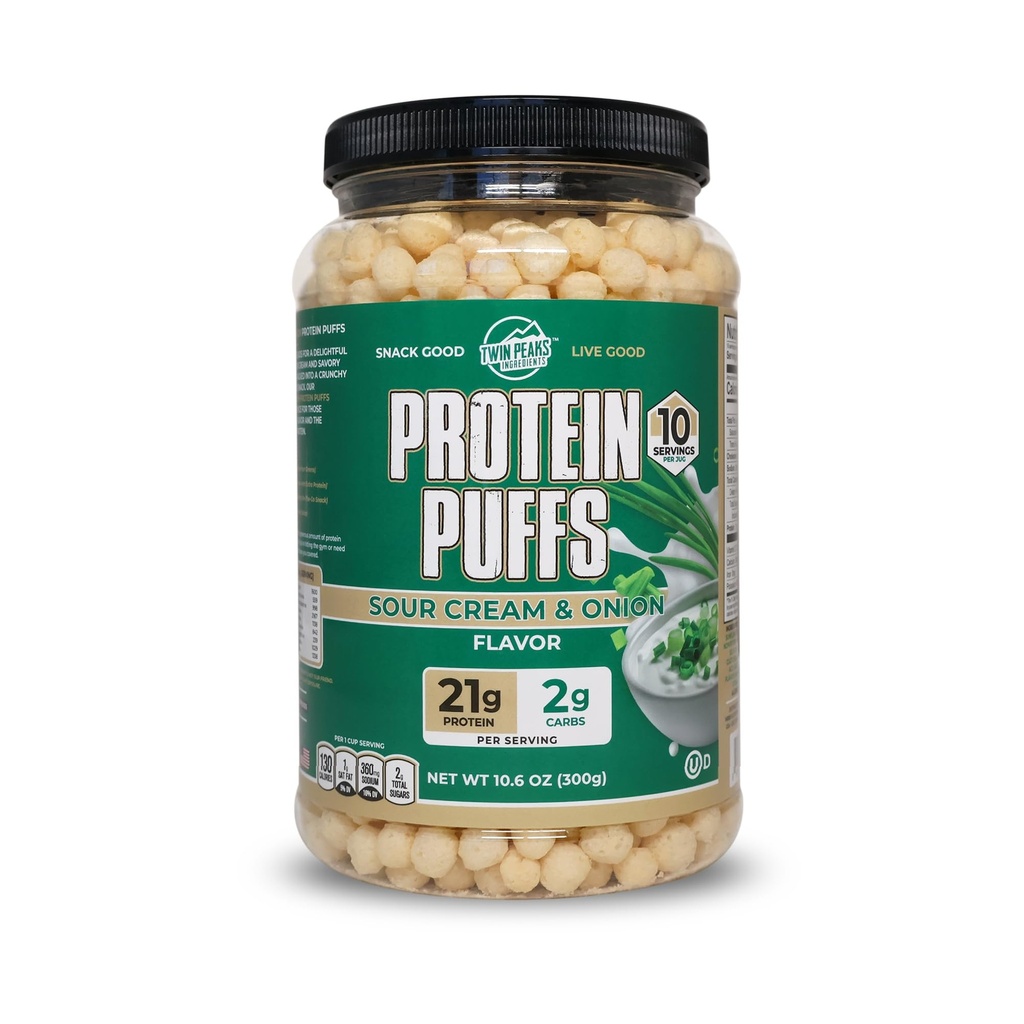 Twin Peaks Protein Puffs - (Sur Cream & Čebula), Keto prijazno, Prigrizek z nizko vsebnostjo ogljikovih hidratov (300g, 21g beljakovine, 2g neto ogljikovih hidratov, visoke beljakovine, zdravo crunchy prigrizek)