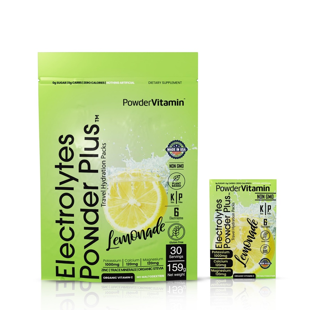 PrašekVitamin Elektroliti v prahu Plus, keto, limonada, nič sladkorja, 1000mg kalija, 120mg kalcija, 120mg magnezija, ne-GMO, nič kalorij, 30 hidracijski paketi