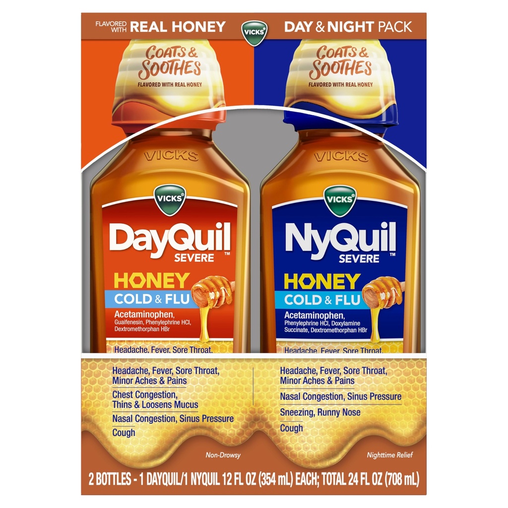 Vicks DayQuil & NyQuil SEVERE Medena aroma Co-Pack, Cold & Flu Medicine, Olajša glavobol, zvišana telesna temperatura, boleče grlo, manjše bolečine in bolečine, Nazal congestion, Sinus tlak, zamašen nos, in kašelj, 2x12oz