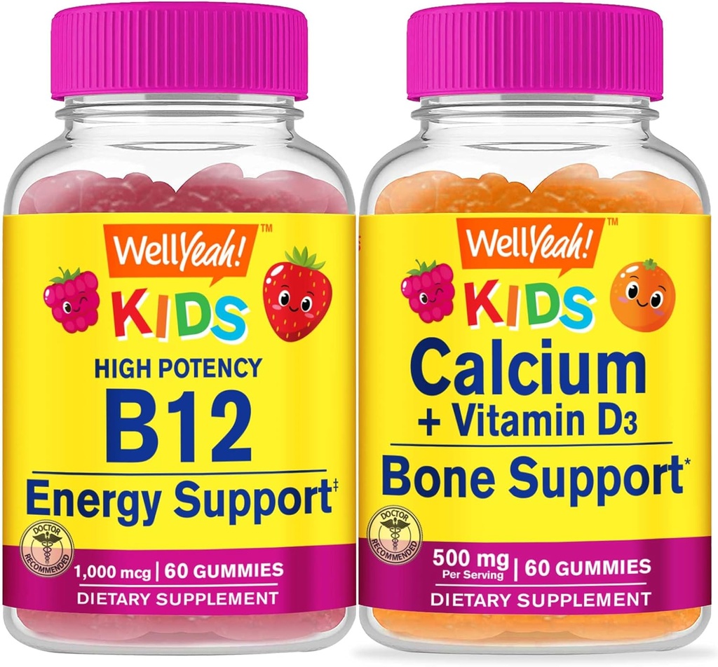 WellYeah Vitamin B12 Otroci + Kalcij + Vitamin D3 Otroci, Gummies Bundle - odličen okus, Vitamin dopolnilo, Gluten brezplačno, GSO brezplačno, Žvečljivi Gummy