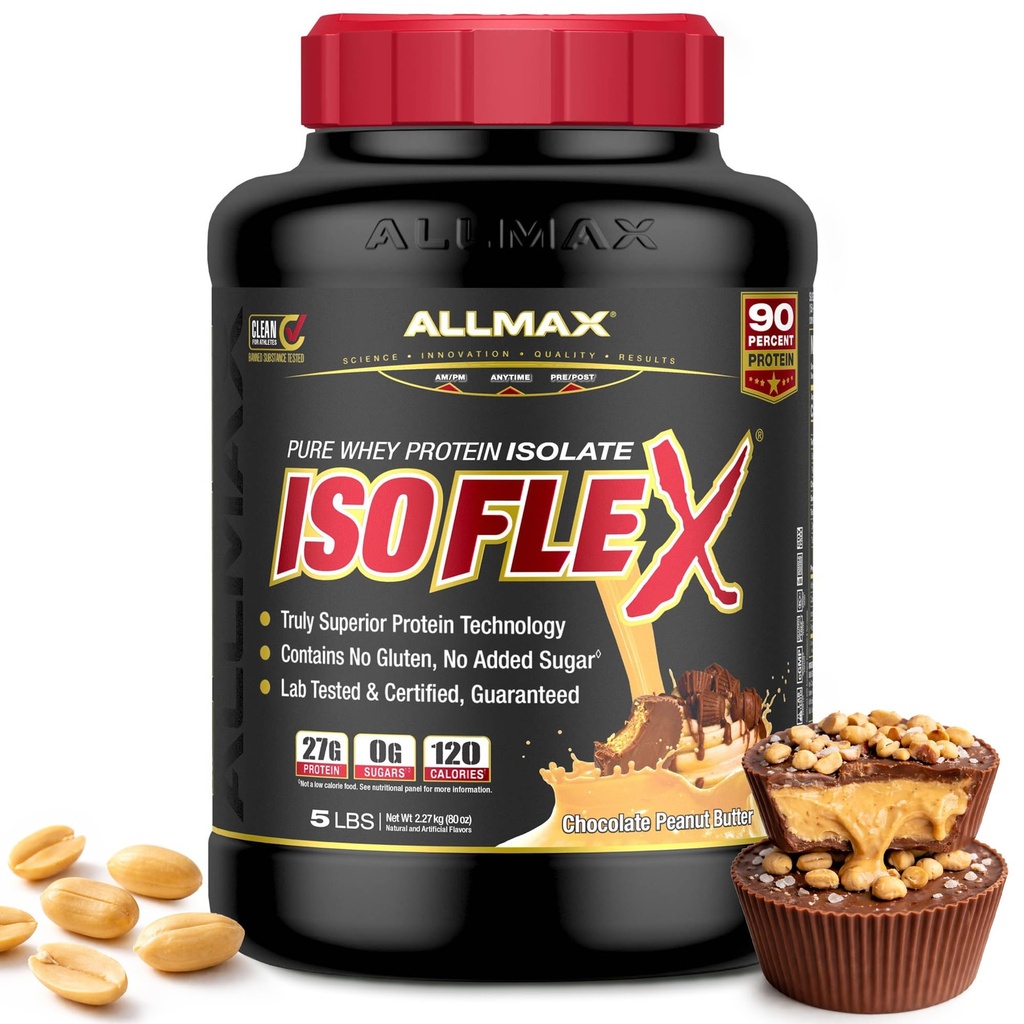 ALLMAX Nutrition - ISOFLEX sirotkine beljakovine v prahu, izolat sirotkinih beljakovin, 27g beljakovine, čokoladno arašidovo maslo, 5 funtov