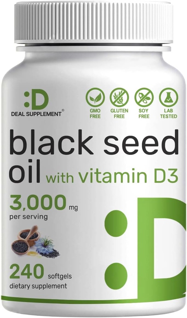 DEAL DOPOLNILO Črno seme olje, 240 Softgels – Cold-Presed Nigella Sativa, Seveda Occurring Thymokinon (TQ) – Non-GMO, No Gluten – Black Cumin Semed tekoče kapsule z vitaminom D3