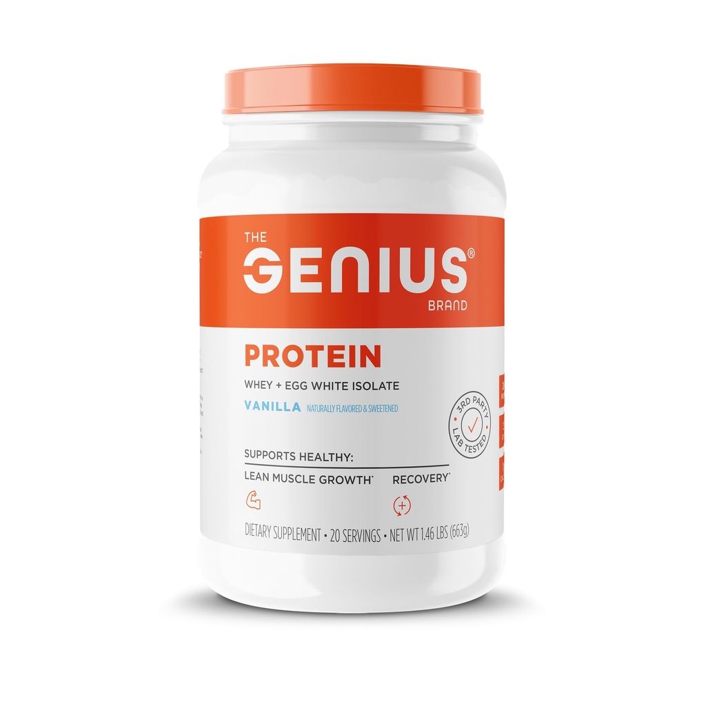 Genij Protein Powder, Vanilla - Dual Protein Mešanica z izboljšanim izolatom sirotke in naravnim jajcem Bela za Lean Muscle Building za moške in ženske - Grass-Fed Pred & Post Workout Meal Meal Meal Meal Mean Shake