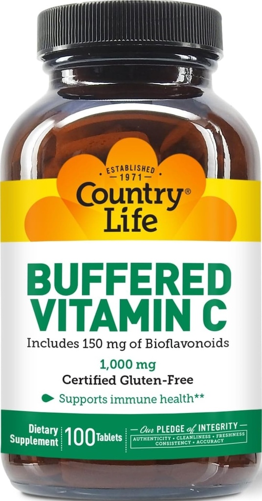 Country Life Buffered Vitamin C 1000mg z bioflavonoidi, Kalcij, Magnezij, Kalij - Imunska podpora, Veganske kapsule, Gluten-free, Nežen na želodec - 100 tablet