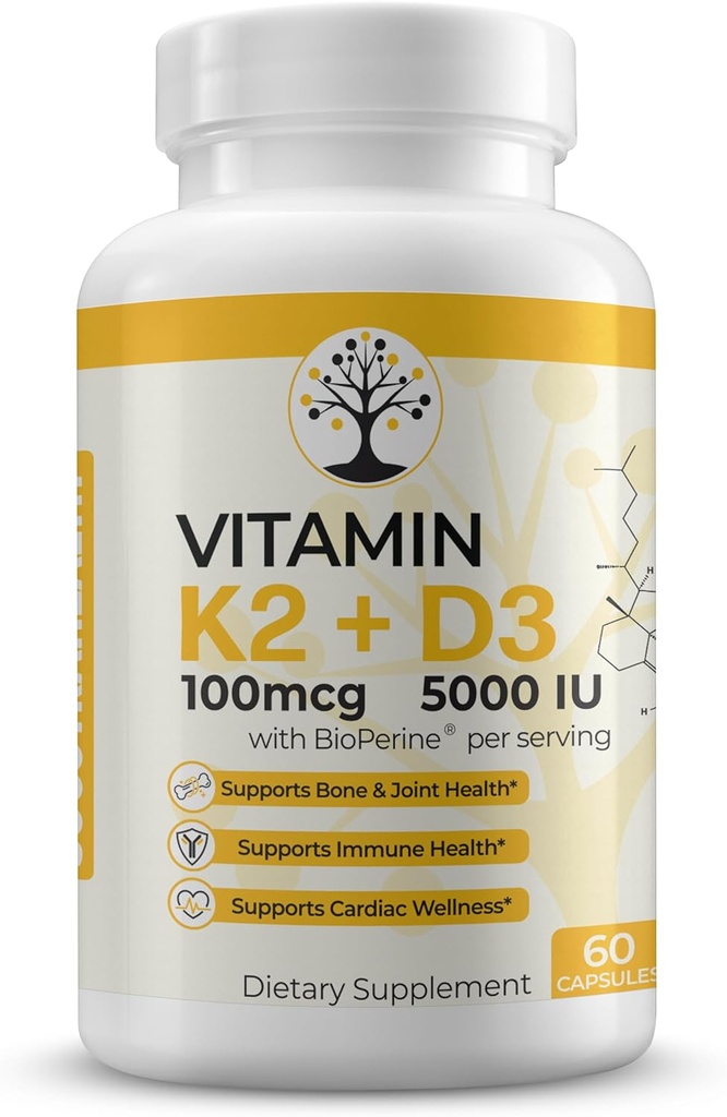 Vitamin D3 K2 dopolnilo, 5000 i.e. - podpira imunski in srčni vrtinec, visoko jakost, brez glutena, 60 kapsul