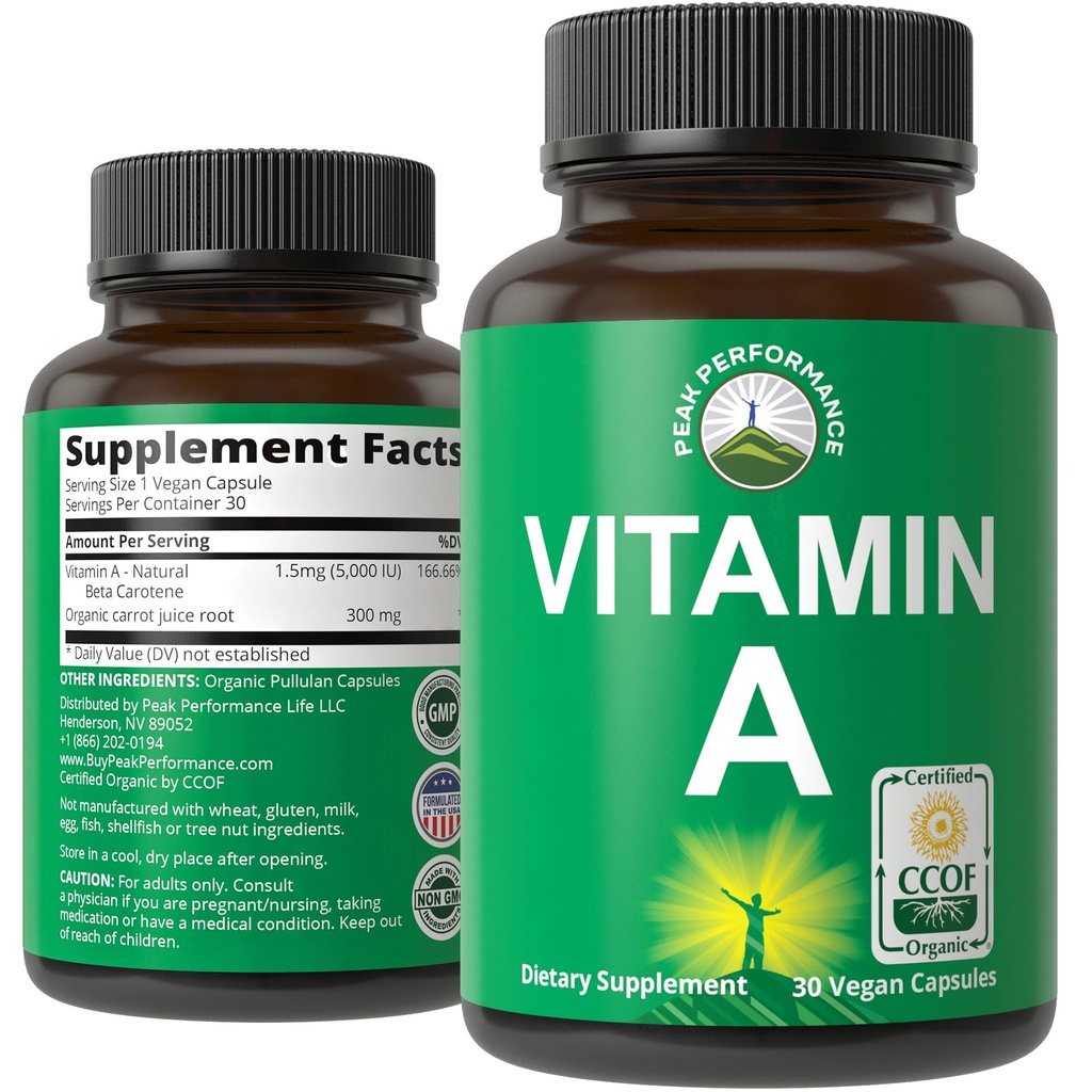 Certified Organic Vitamin A 5000 i.e. dopolnilne kapsule Visoka jakost Vitamini. za odrasle, moške, ženske, otroke. Narejena z organskim korenčkom. Odlično za imuno, kožo, podporo za oči. Ne GSO, veganske tablete