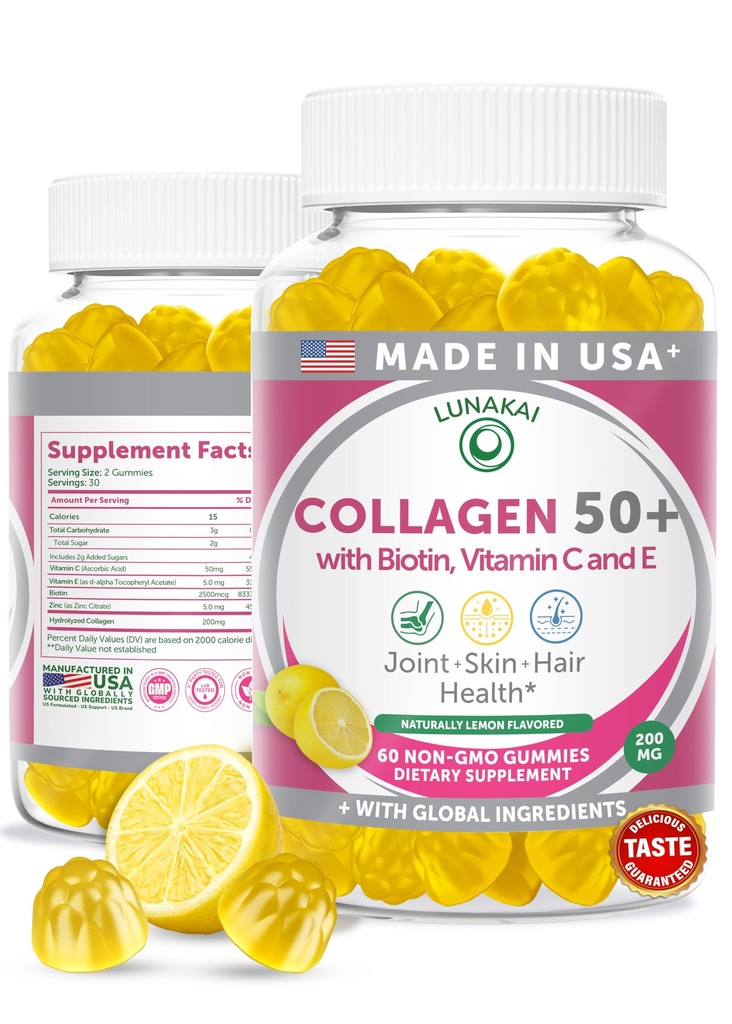 Lunakai ZDA Made Colagen Gummies za ženske in moške nad 50, Biotin & Vitamin C, Podpira elastičnost kože, moč las in nohtov, Skupna podpora, 60ct