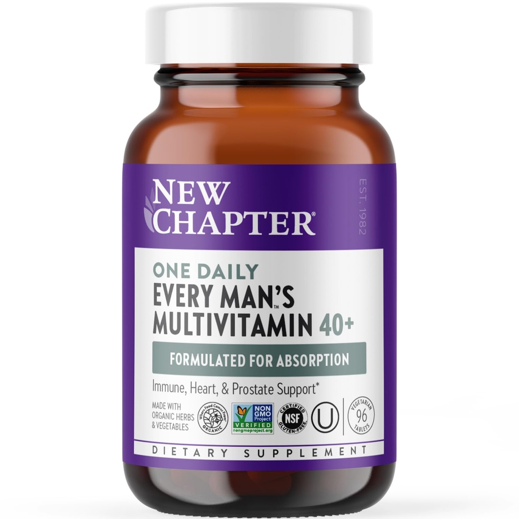 Novo poglavje Moški multivitamin 40 Plus za energijo, srce, prostata + Imunska podpora s fermentiranimi hranilniki - vsak moški One Daily 40+, Izdelano z organskimi zelenjavami in zelišči, Non-GMO - 96 ct