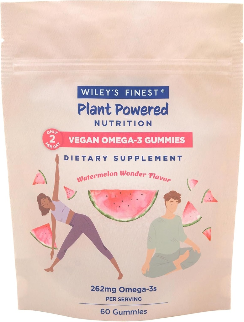 Wiley's Finest Vegan Omega-3 Gummies - Naravni sladkor - vegetarijanska Dha, Ala & Sda - Gluten Free - lubenična aroma, 60 Gummies