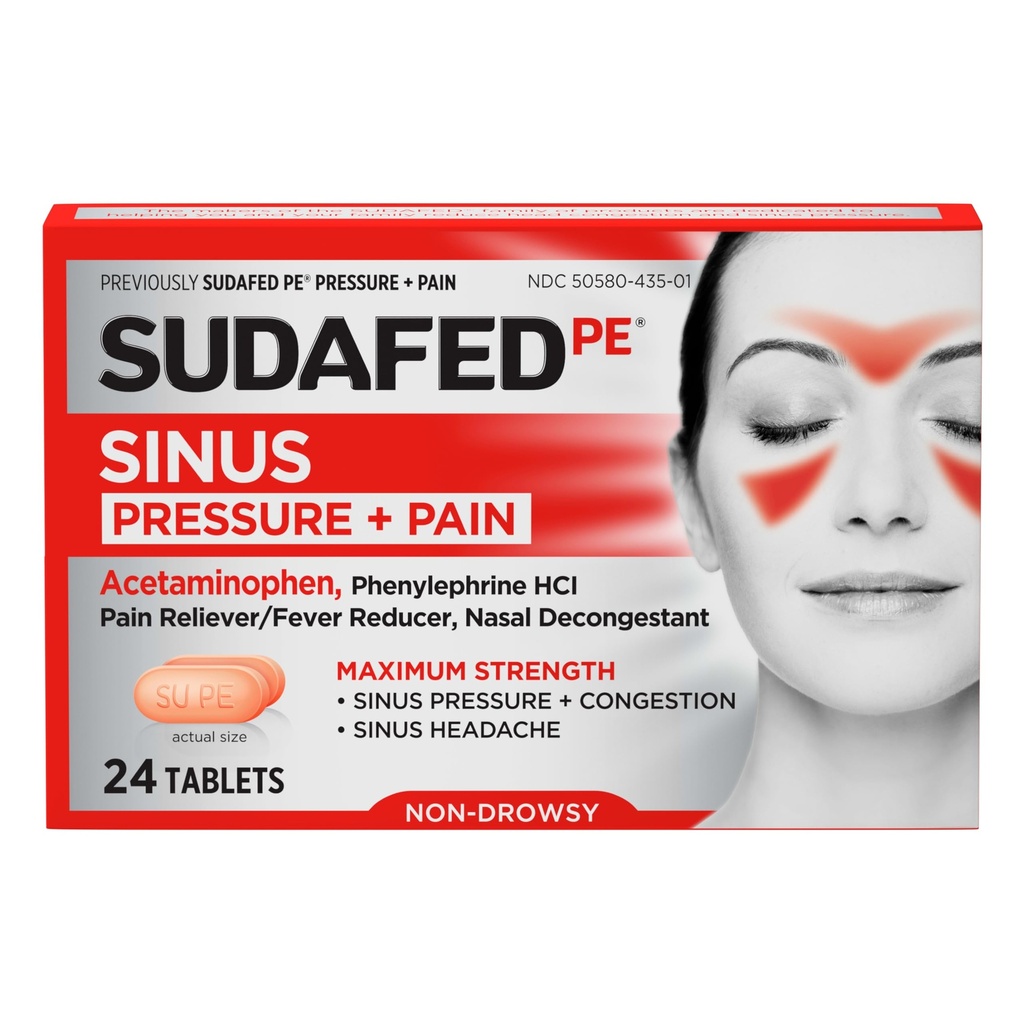 Sudafed PE Sinus Tlak + Pain Relief tablete, Največja moč, Neumirjanje, OTC Sinus Relief Medicine z Acetamolfen Pain Reliever & Phylephrine HCl Nasal Dekongestiv, 24 ā