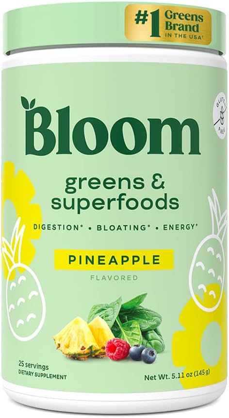 Bloom Nutrition Superfood Greens Powder, Prebavne encime s probiotiki in prebiotiki, Gut Health, Bloating Relief za ženske, Klorella, Green Juice Mix z peso korenski prah, 25 SVG, Ananas