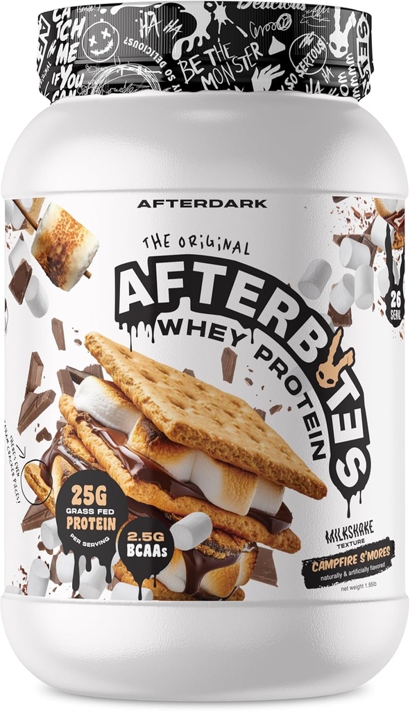 AFTERDARK AfterBites Whey Protein Powder, 25g Protein, 4,5g BCAA je, enostavno raztapljanje, brez umetnih barv ali polnil, izolat beljakovin, ZDA Made, 26 Serving, Campfire Smores