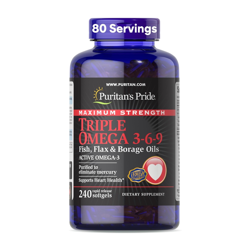 Puritan's Pride Premium maksimalna moč Triple Active Omega 3-6-9 Ribe, Flax, in Borage Oils, Prehranska dopolnila za srce, Joint, in celično zdravstveno podporo, 240 hitro sproščanje Mehkužci