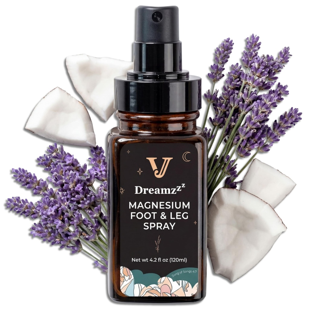 Dreamzzz Magnezij Spray za noge in spanje – Zmečkana Formula Magnezijevo olje s sivkastim in kokosovim oljem - Topični Magnezijev razpršilec za noge in noge za ženske - zmanjšana lepljivost - 4.2 oz