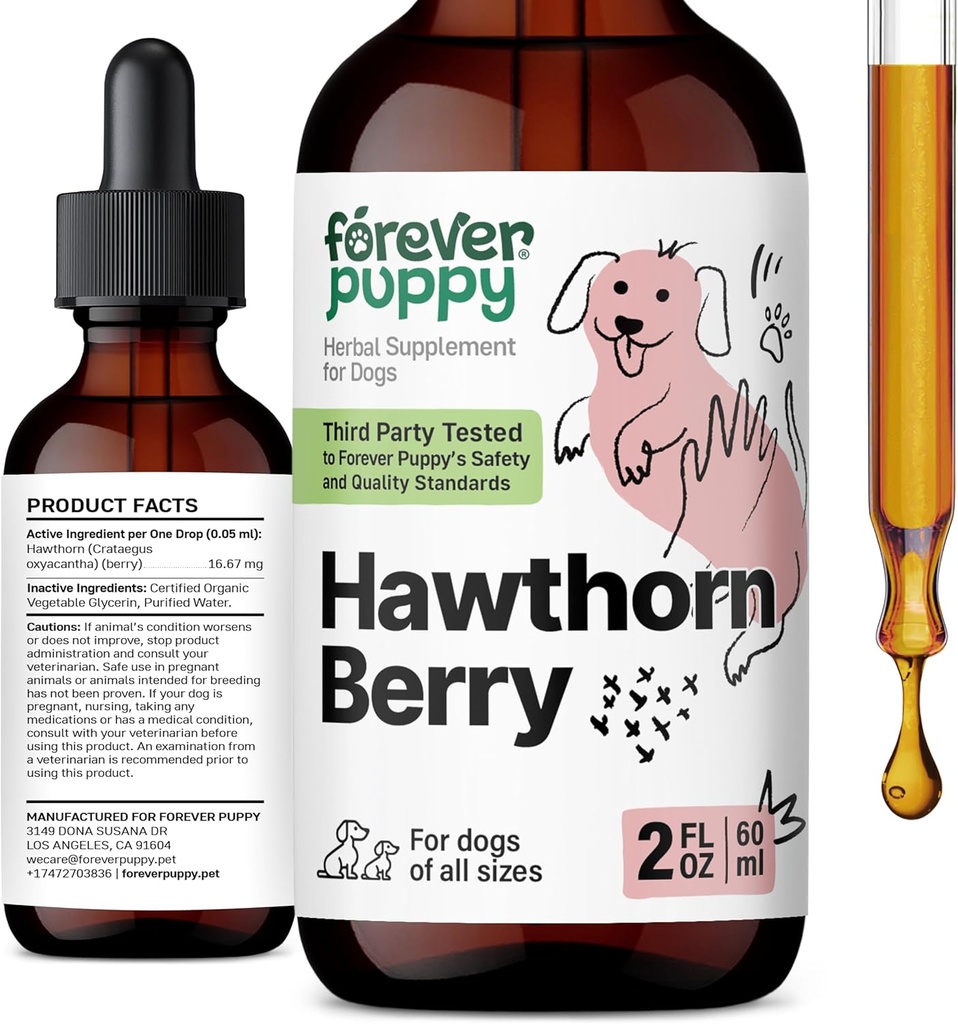 Za vedno Puppy Hawthorn Berry kapljice za pse - Antioksidant podpora Tinktura za pse w/Hawthorn Berry - Tekoči Heart Health Supplement za srečne hišne živali - Brez konzervansov in umetnih barv - 2 oz