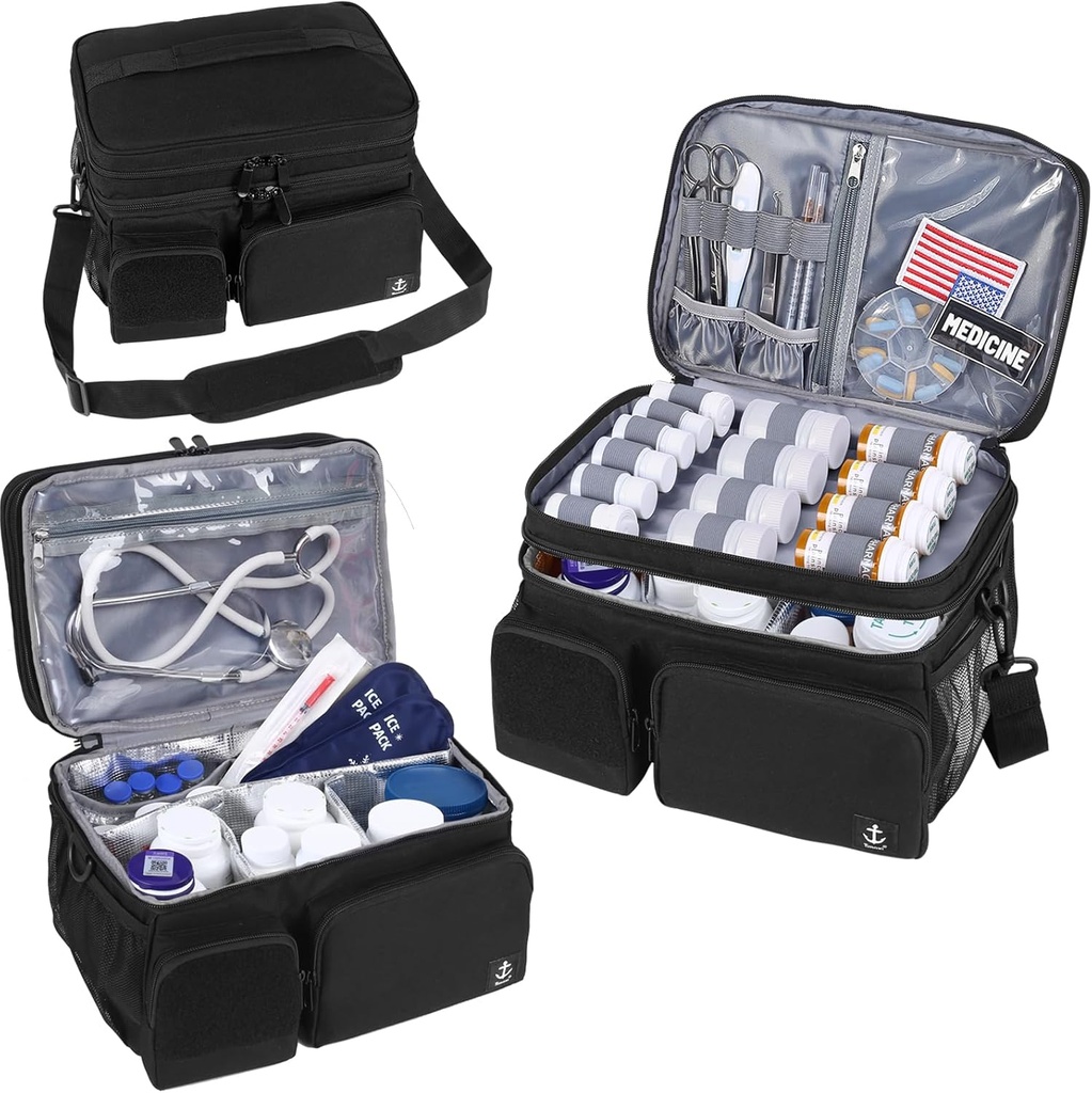 Double Layers Medicine Bag z Insolated Compartment tabletke Bottle Organizer z zaklenjeno Zipper, Travel Medicine Organizer z mehkimi rameni Straps za tablete, medicinske potrebščine