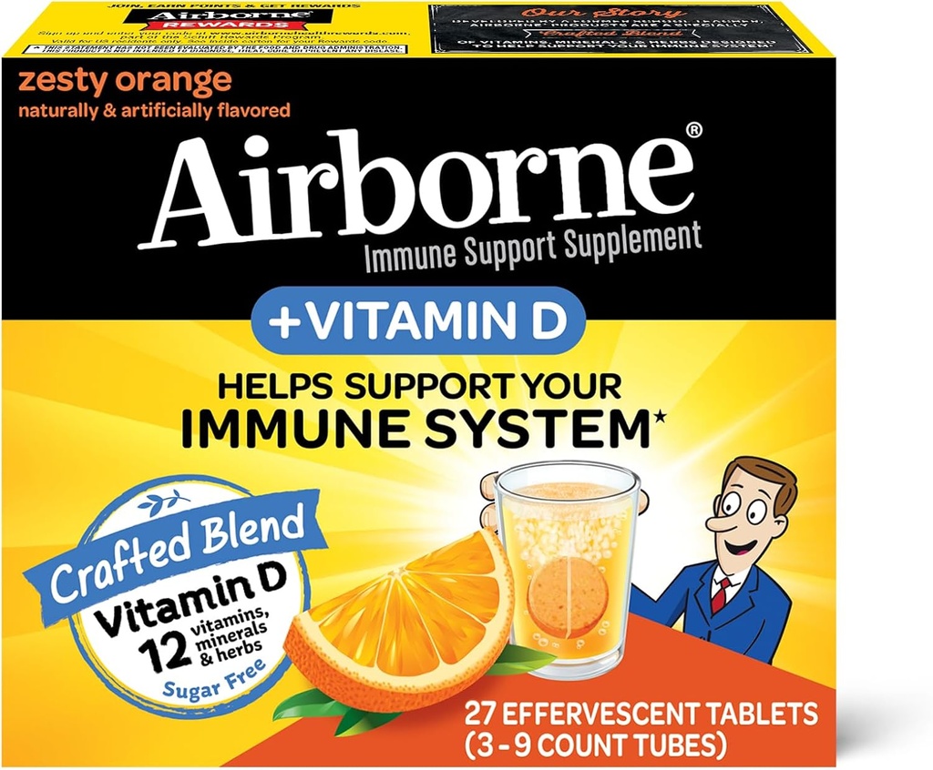 Airborne 750mg Vitamin C z cink šumeče tablete, Imunska podpora dodatek z zmogljivimi antioksidanti Vitamini A C D3 & E - 27 Fizzy Drink tablete, Zesty Orange Flavor