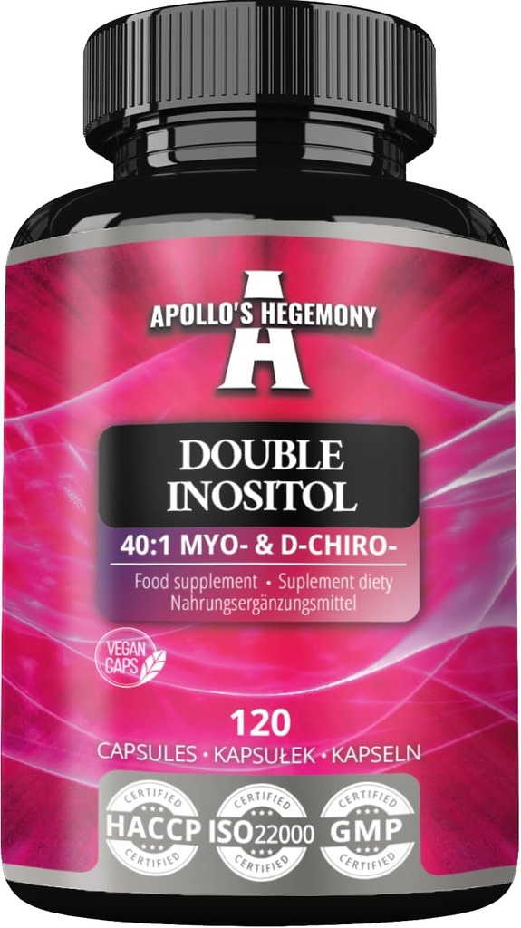 APOLLOV Dvojni inozitol 120 Veganske kapsule - Myo-Inositol + D-Chiro-inositol v Optimal 40:1 Razmerje - 615 mg na kapsulo - 4 mesece Na voljo - Vitamin B8 Dodatek
