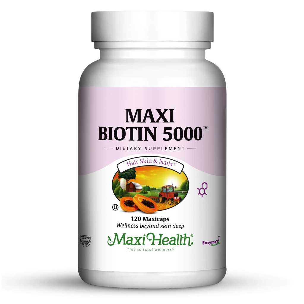 Maxi Health Biotin 5000 mcg – Hair Skin and Nails Vitamins for Women & Men – High Potency Vitamin B7 Supplement for Hair Growth, Strong Nails & Healthy Skin – Kosher, Doctor Formulated – 120 Capsules