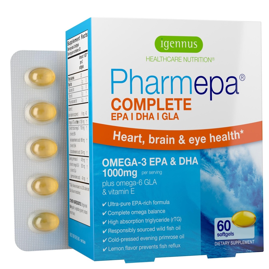Igennus Pharmepa Complete EPA 668mg & DHA 334mg Omega-3 Maščobne kisline 1000mg, IFOS Certified, RTG Form, High Potency Fish Oil Plus Omega-6 & 9 iz GLA Evening Primrose Oil, limonska aroma, 60 Softgels